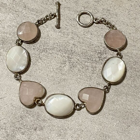 Faceted Pink Quartz Clear Quartz Mother of Pearl Station Bracelet Sterling 7" - Picture 1 of 8